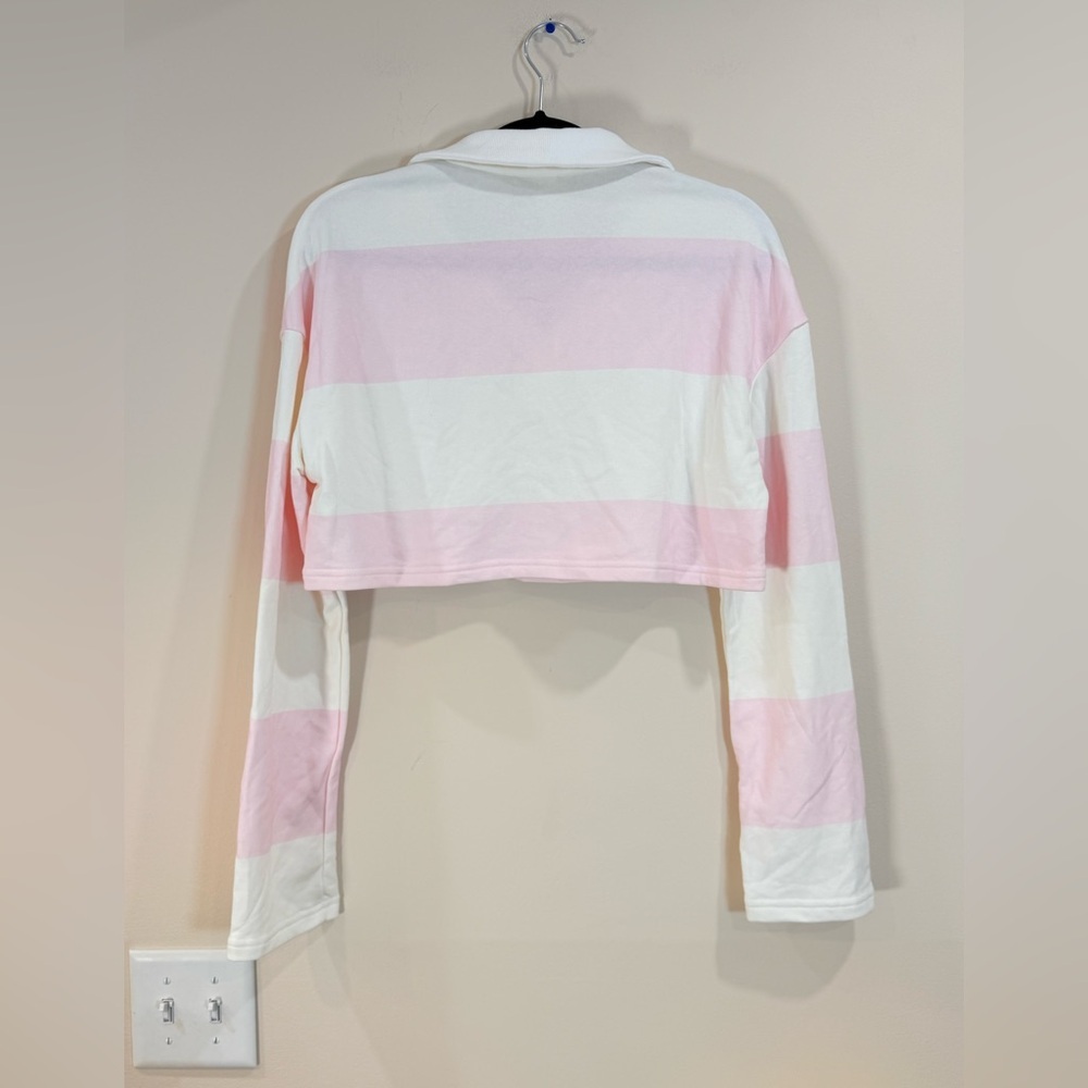 🔥NWOT Missguided  Women’s Cropped  Rugby Polo Pink & White Stripes Size M 🔥 - Picture 2 of 7